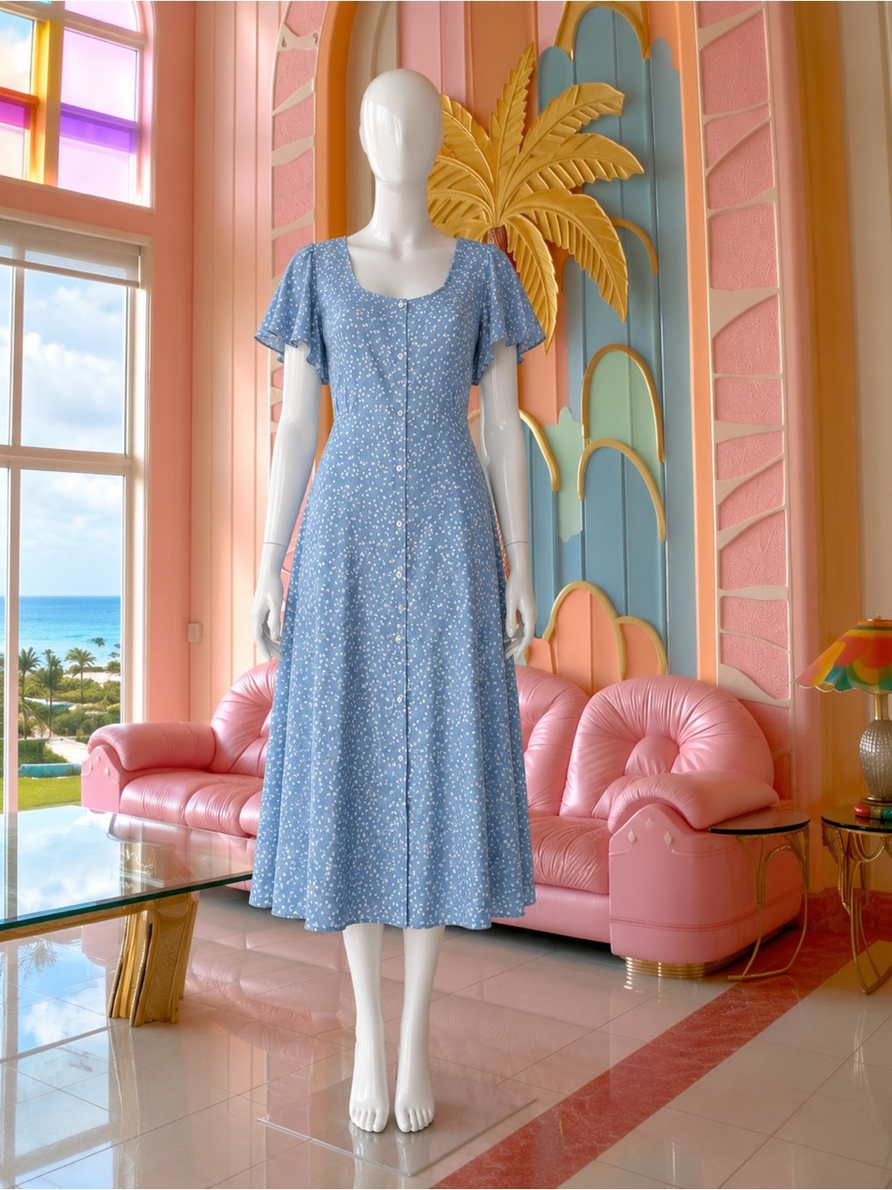 SHEIN Sky Blue Button-Front Floral Midi Dress